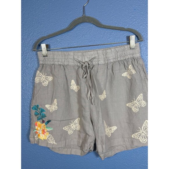 Johnny Was Embroidered Butterfly Linen Drawstring Shorts Gray W's Medium - Picture 12 of 12